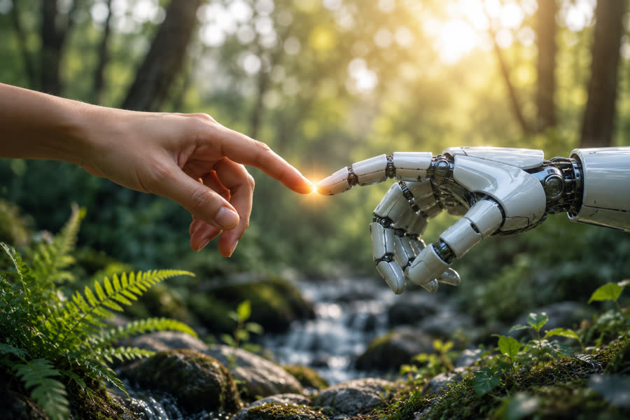 A human hand and a robotic hand reaching toward each other in a sunlit forest, symbolizing the connection between humanity and intelligent technology